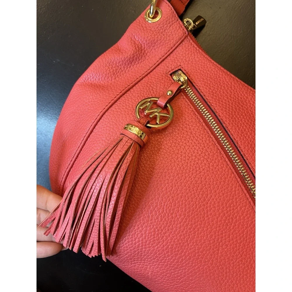 Michael Kors NWT Watermelon Coral Leather Tassle Charm Shoulder Handbag As‎ Is